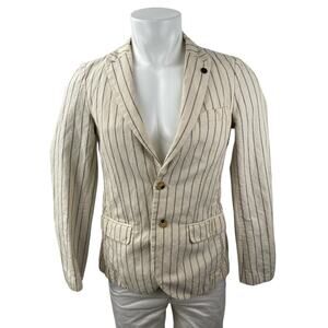 Scotch & Soda Mens Beige Linen Striped Long Sleeve Blazer Coat Suit Jacket Sz S